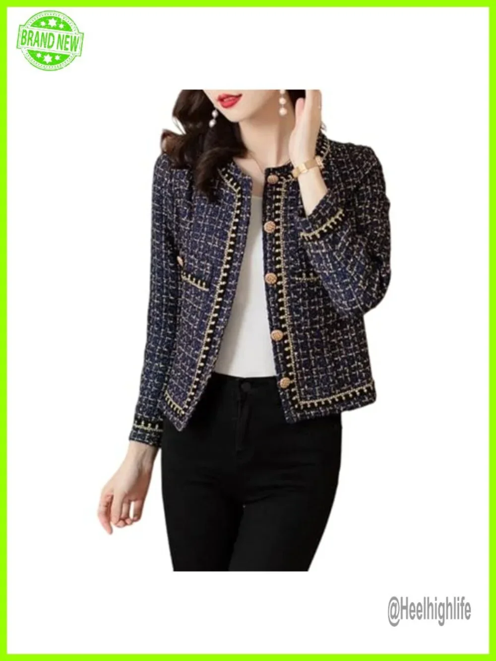 Elegant Tweed Blazer Jacket - Long Sleeve Round Neck Business Casual Short Coat